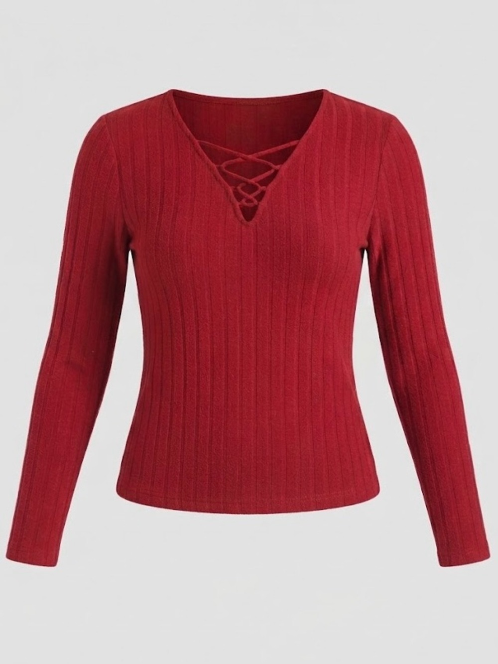 Ribbed Lace-Up V-Neck Sweater - Red
